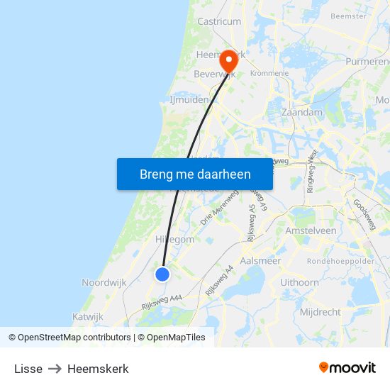 Lisse to Heemskerk map