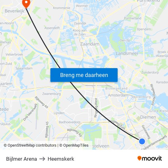 Bijlmer Arena to Heemskerk map