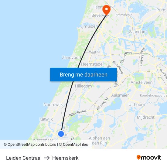 Leiden Centraal to Heemskerk map