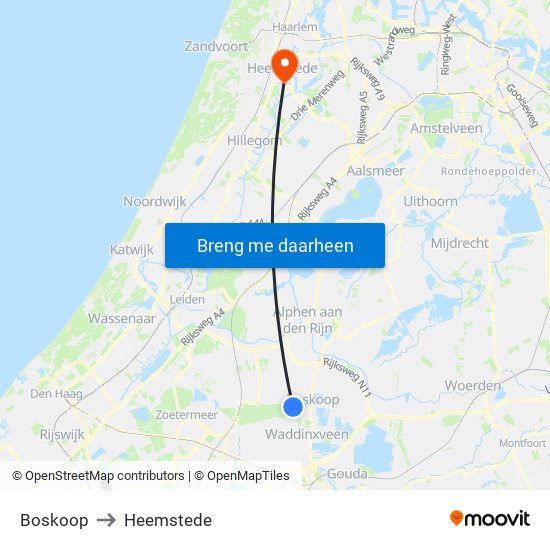 Boskoop to Heemstede map