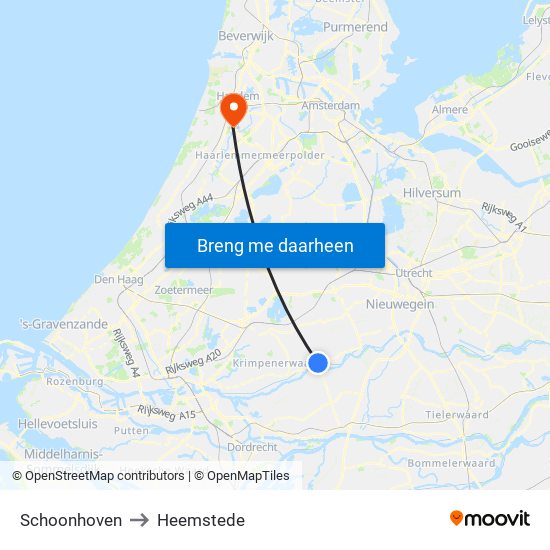 Schoonhoven to Heemstede map