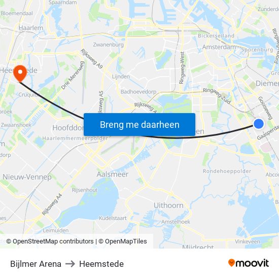 Bijlmer Arena to Heemstede map