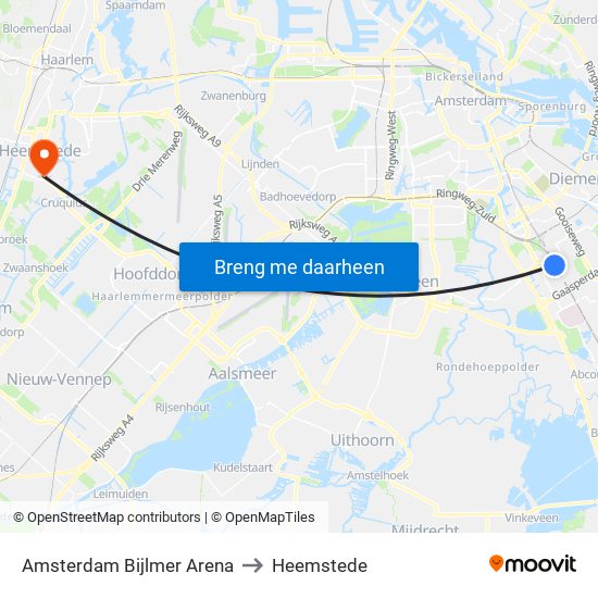 Amsterdam Bijlmer Arena to Heemstede map