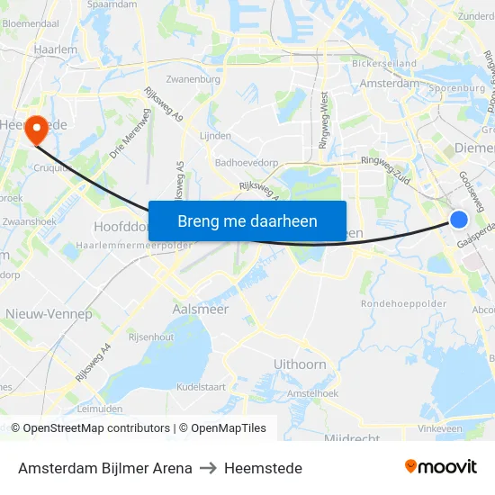 Amsterdam Bijlmer Arena to Heemstede map