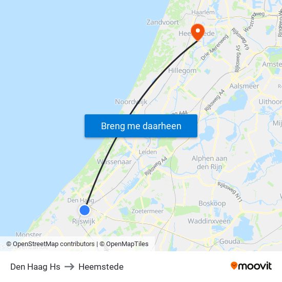 Den Haag Hs to Heemstede map