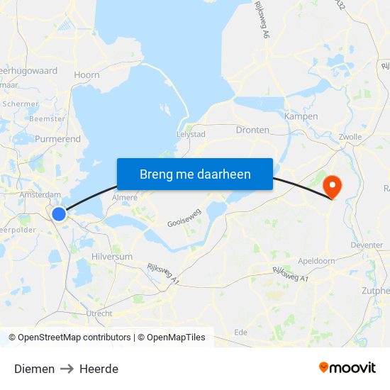 Diemen to Heerde map