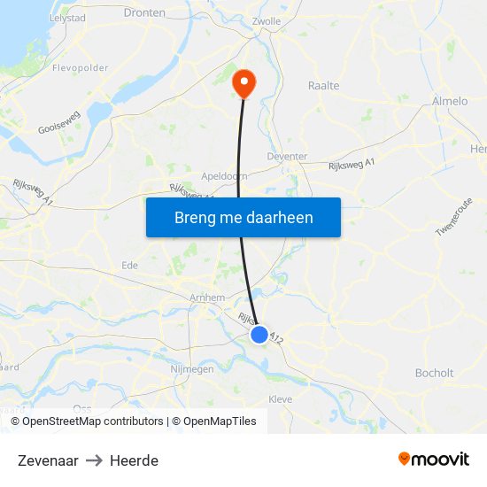 Zevenaar to Heerde map