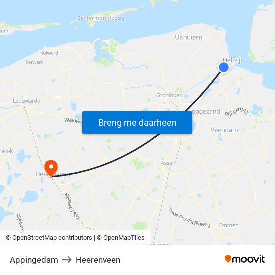 Appingedam to Heerenveen map