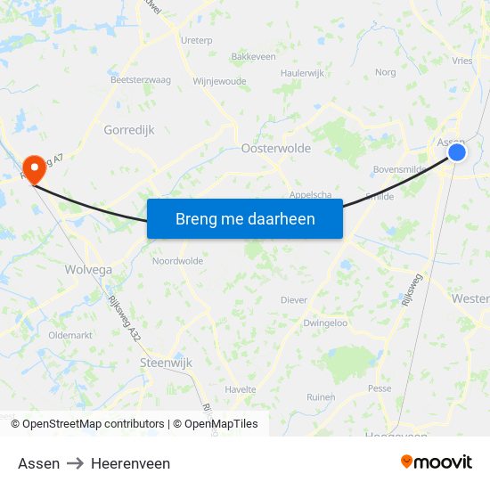 Assen to Heerenveen map