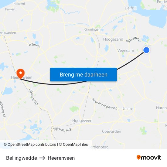 Bellingwedde to Heerenveen map