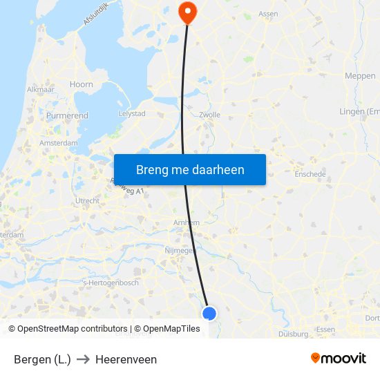 Bergen (L.) to Heerenveen map