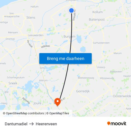 Dantumadiel to Heerenveen map