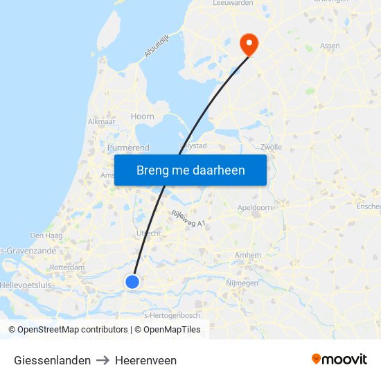 Giessenlanden to Heerenveen map