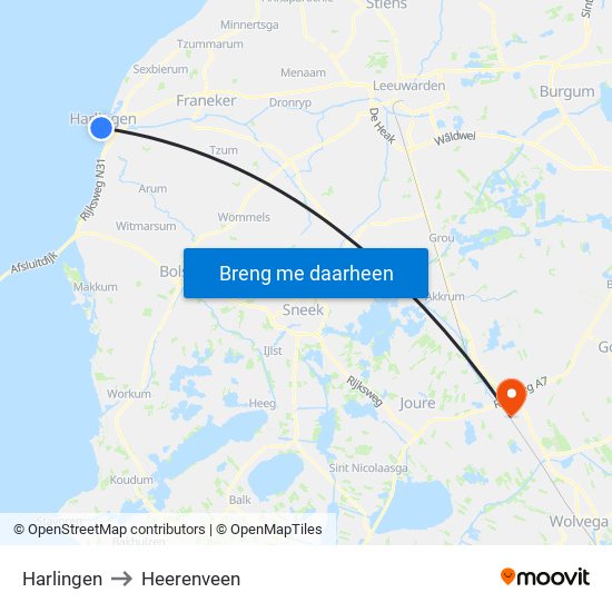 Harlingen to Heerenveen map