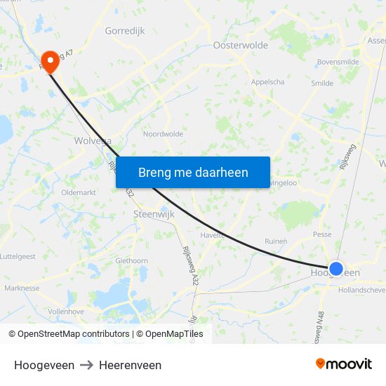 Hoogeveen to Heerenveen map