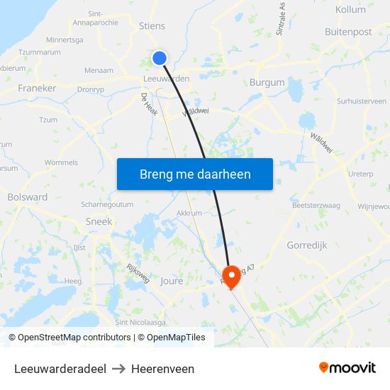 Leeuwarderadeel to Heerenveen map
