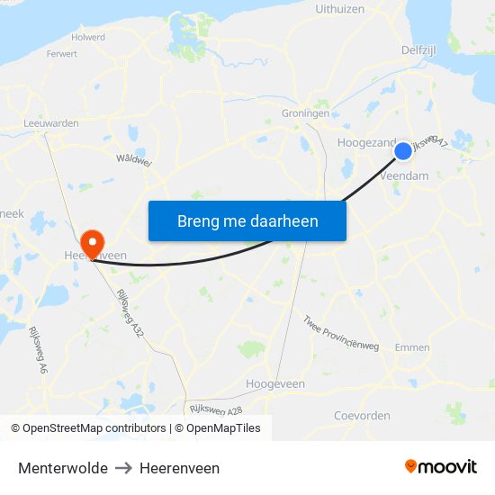 Menterwolde to Heerenveen map