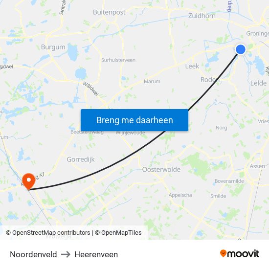 Noordenveld to Heerenveen map