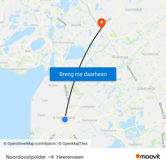 Noordoostpolder to Heerenveen map
