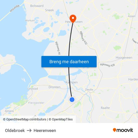 Oldebroek to Heerenveen map