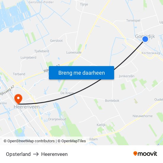 Opsterland to Heerenveen map