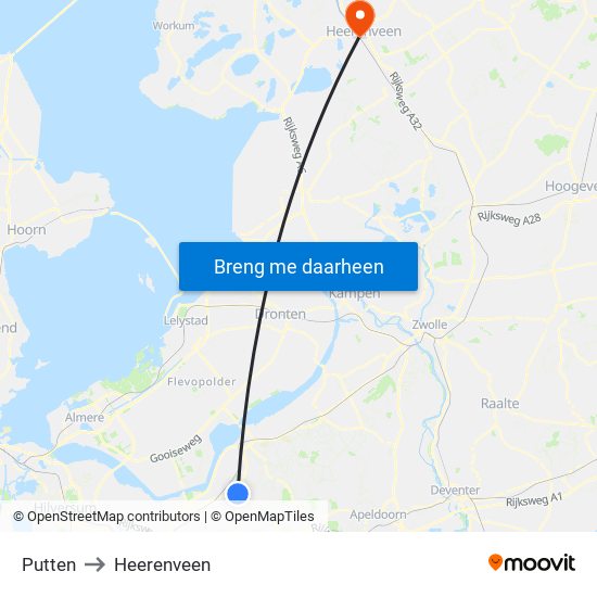 Putten to Heerenveen map