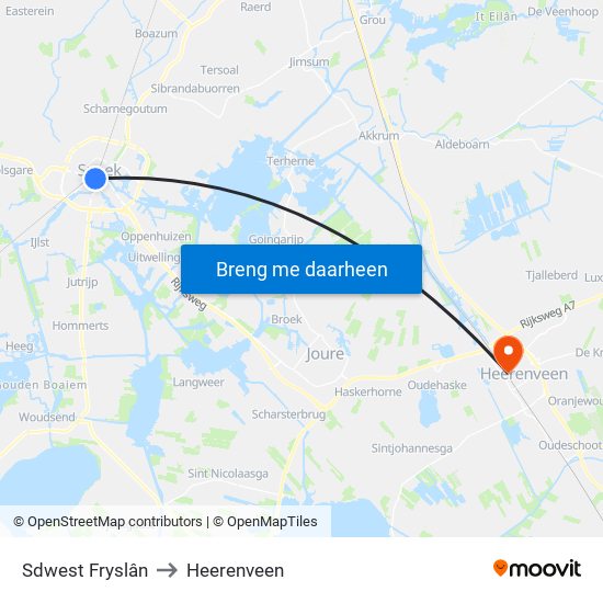 Sdwest Fryslân to Heerenveen map