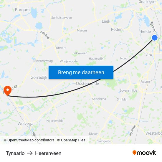 Tynaarlo to Heerenveen map