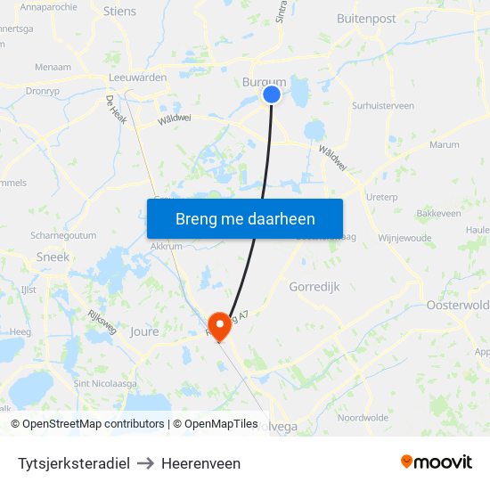 Tytsjerksteradiel to Heerenveen map