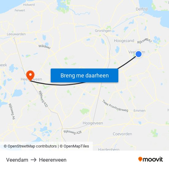 Veendam to Heerenveen map