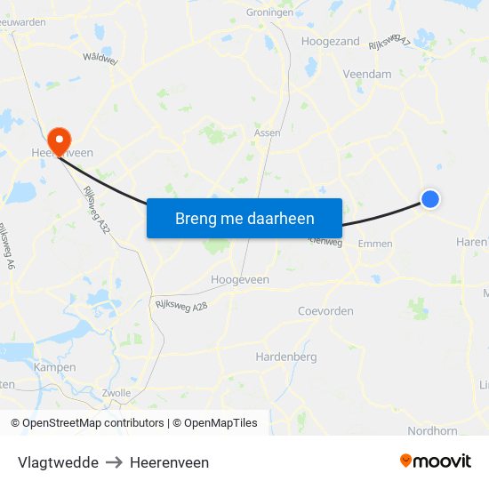 Vlagtwedde to Heerenveen map