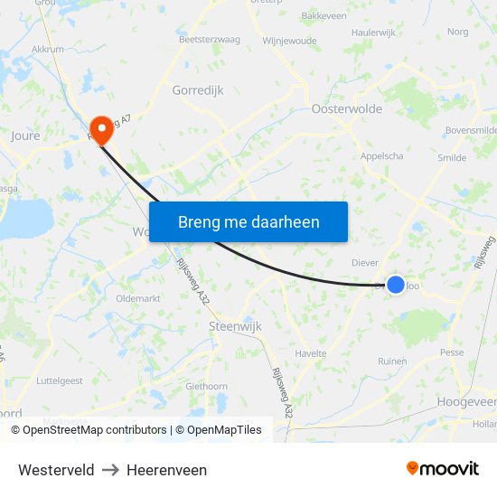 Westerveld to Heerenveen map