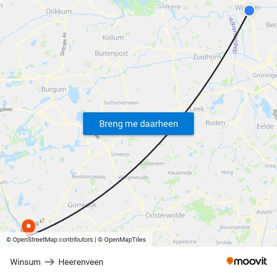 Winsum to Heerenveen map