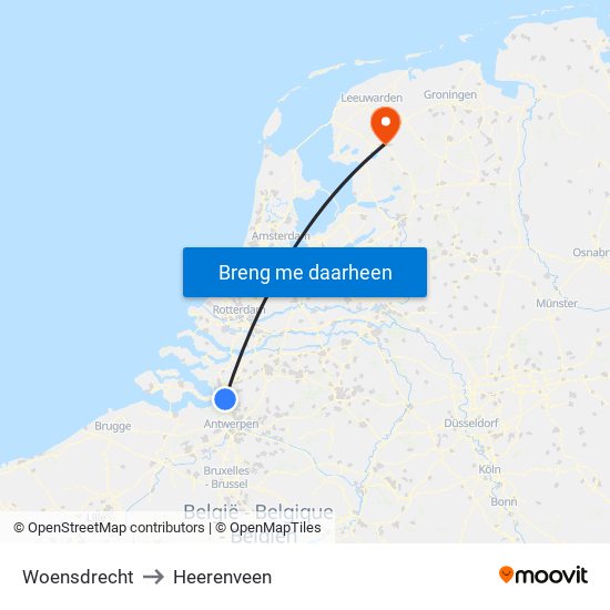 Woensdrecht to Heerenveen map