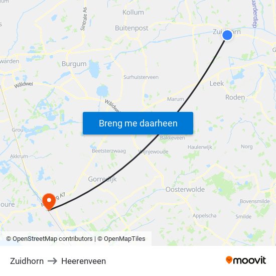 Zuidhorn to Heerenveen map
