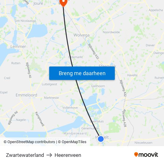 Zwartewaterland to Heerenveen map