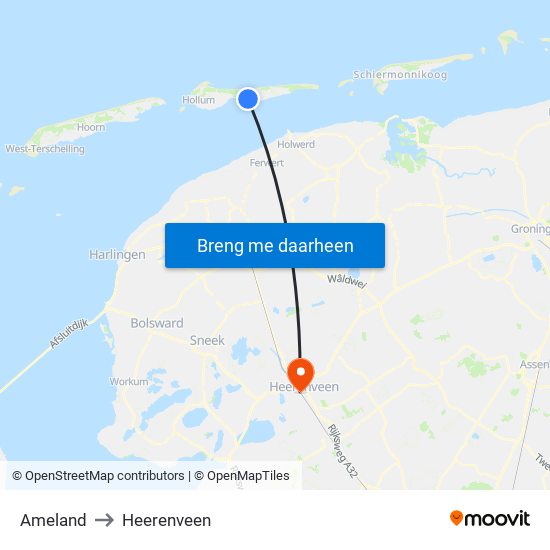 Ameland to Heerenveen map