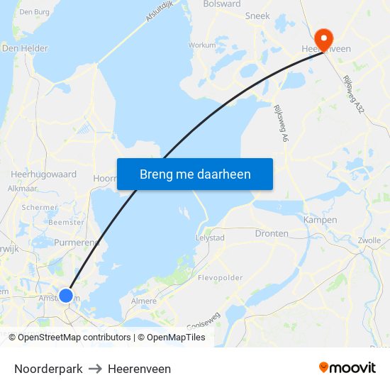 Noorderpark to Heerenveen map