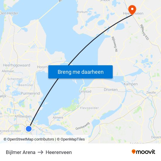 Bijlmer Arena to Heerenveen map