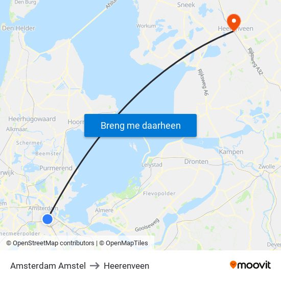 Amsterdam Amstel to Heerenveen map