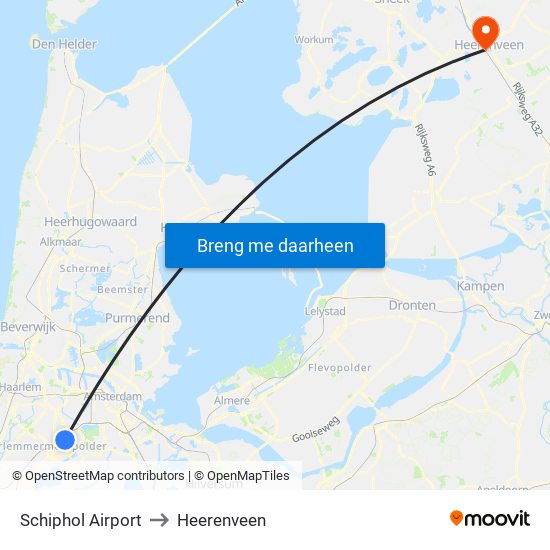 Schiphol Airport to Heerenveen map