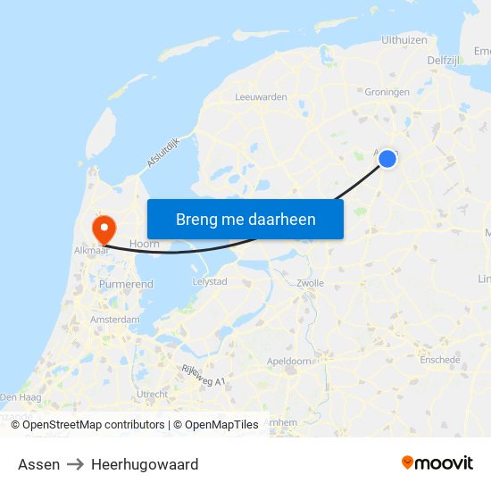 Assen to Heerhugowaard map