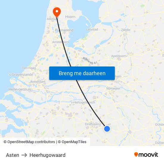 Asten to Heerhugowaard map