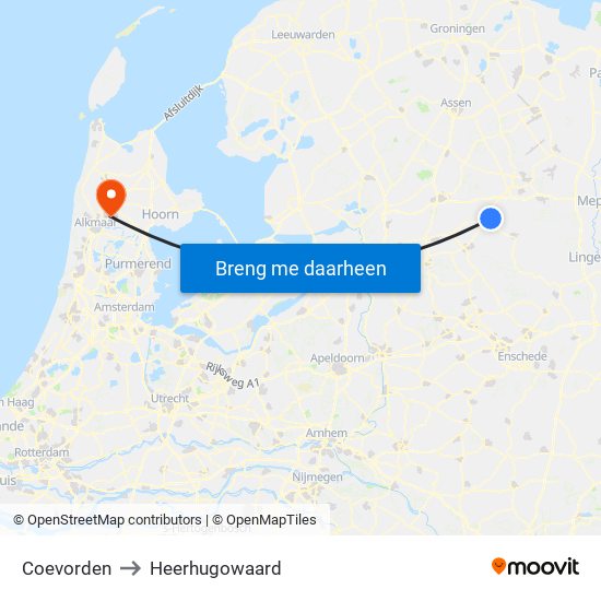 Coevorden to Heerhugowaard map