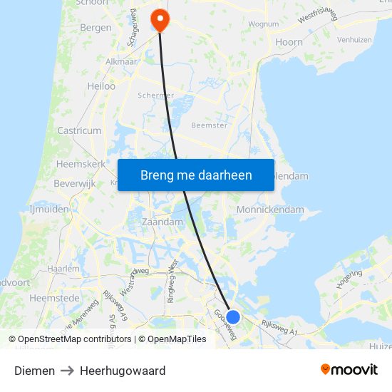 Diemen to Heerhugowaard map