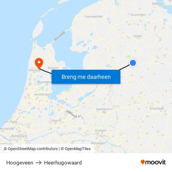 Hoogeveen to Heerhugowaard map