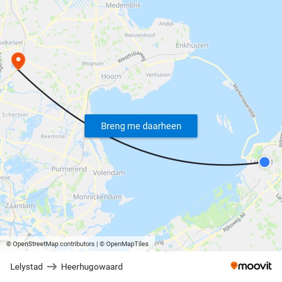 Lelystad to Heerhugowaard map