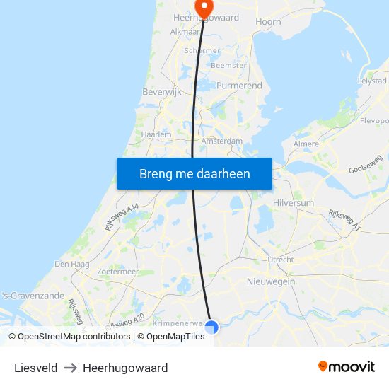 Liesveld to Heerhugowaard map