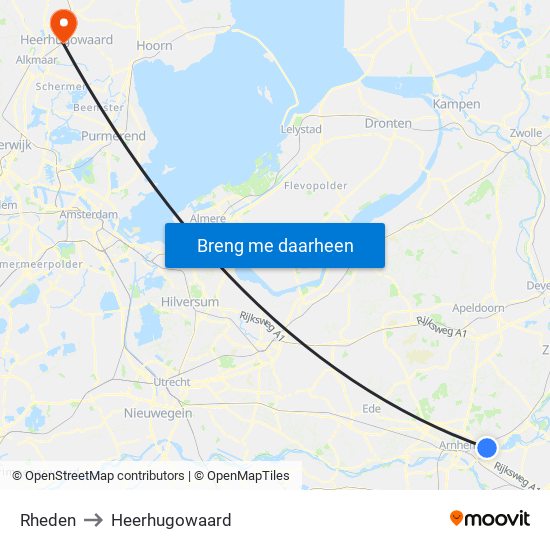 Rheden to Heerhugowaard map