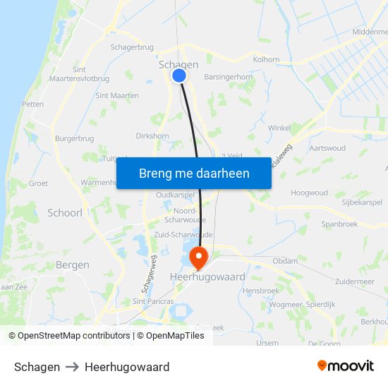 Schagen to Heerhugowaard map